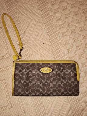 Coach Brown Signature Canvas Wristlet with Yellow Trim